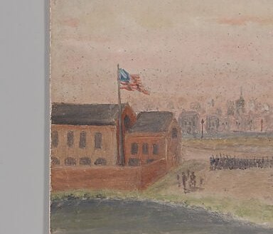 The rectangular structure anchors the scene as a military post; its solid mass contrasts with the openness of the parade ground and grounds the viewer in a specific place.