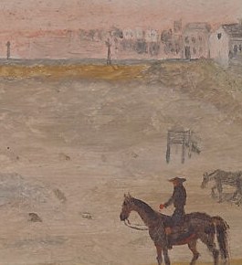 The dominant human presence , a lone rider, likely an officer reviewing the drill, whose stillness against the open field conveys authority and isolation.