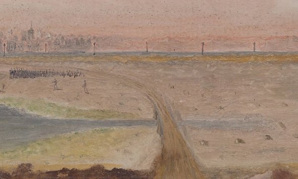 The emptiness of the field IS the subject , post-Civil War drills were about rehearsing order and civic routine, not combat; the sparse dust conveys that anti-climax.