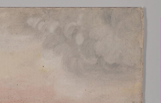 The most atmospheric element: a threatening cloud bank rolling in from the right creates unease beneath the otherwise prosaic subject, suggesting the storm of recent war still looming.
