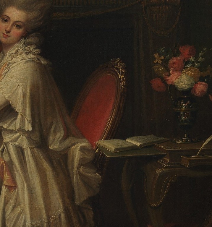 This is the contested centerpiece of the composition , the table crowded with objects that a critic called 'coxcomical,' revealing 18th-century discomfort with detailed feminine interiors.