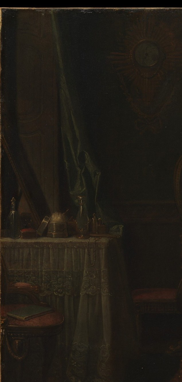 Musical accomplishment was a mandated marker of elite femininity; the harp encodes her education, virtue, and marriageability in a single prop.