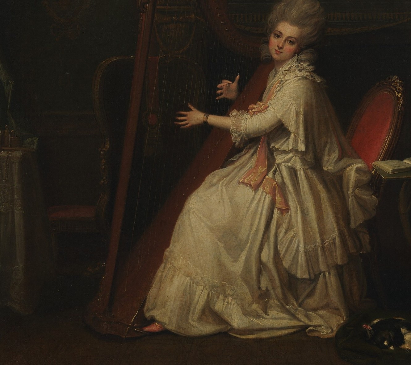 The enormous volume of pale fabric dominates the canvas; its rendering required Cosway's celebrated minute brushwork and was the visual argument for his skill.