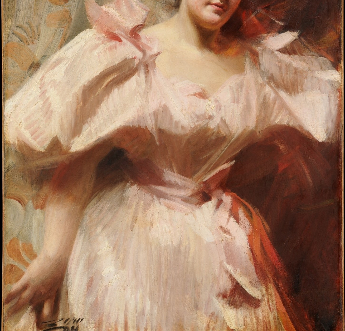The voluminous sleeves and low neckline of the dress suggest late 19th-century fashion and a certain social standing.
