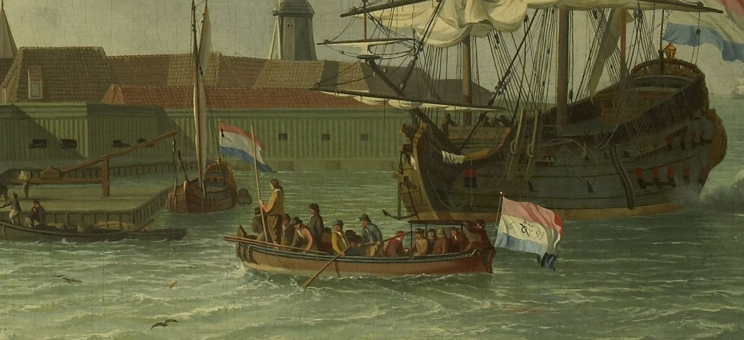 Notice the damaged ship hull, reflecting the dangers of trade.
