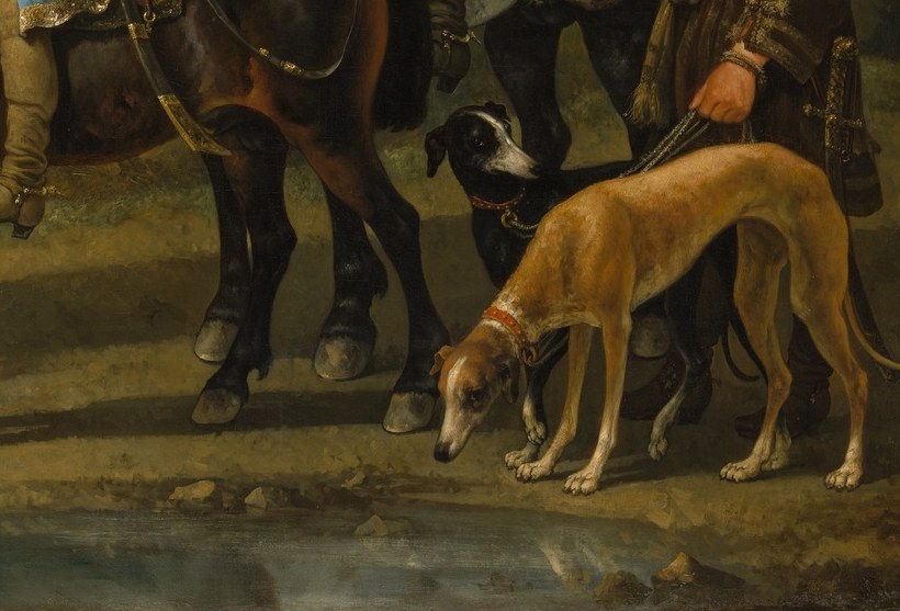 Hunting dogs confirm this is a departure-for-the-hunt scene; greyhounds were expensive status animals, and their lean silhouettes add elegant line to the base of the composition.