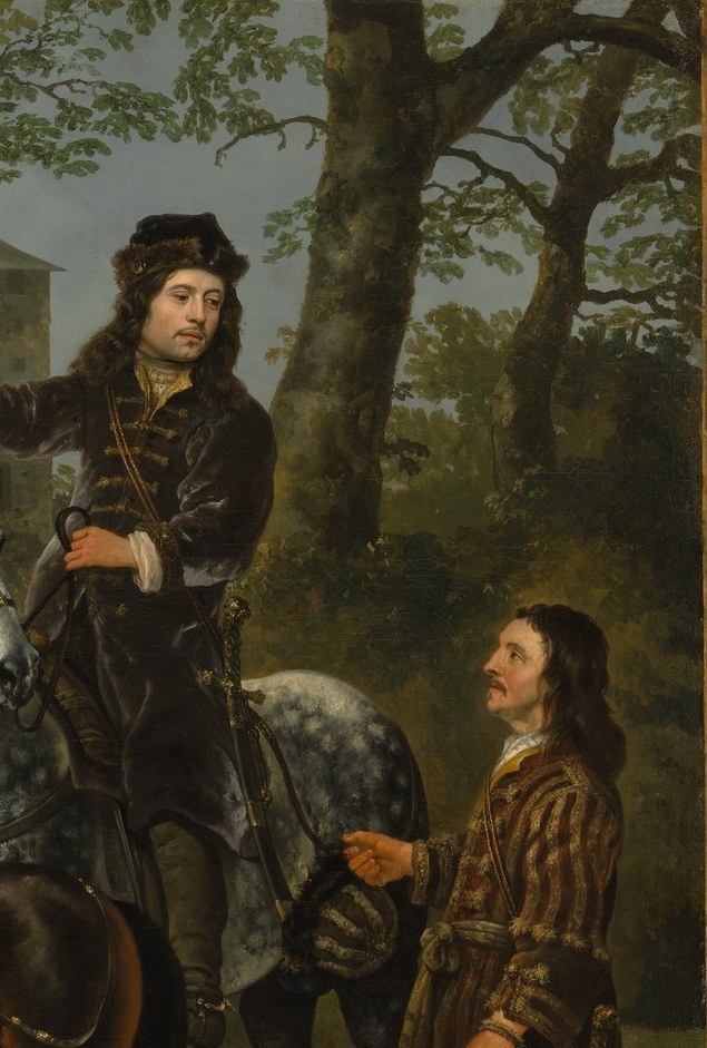 The dark foliage frames the right side and provides a repoussoir that pushes the figures forward; the warm backlight catching the leaf edges is a virtuoso atmospheric passage.
