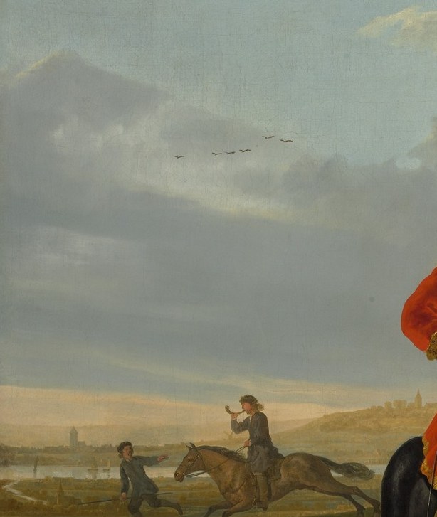 The brightest color in the composition; in 17th-century Dutch portraiture, rich red signals wealth and martial ambition , a deliberate costume choice to echo royal equestrian tradition.
