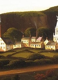 The singular civilizing vertical in an otherwise natural scene , its white needle marks European settlement's arrival and anchors the painting's moral argument about progress
