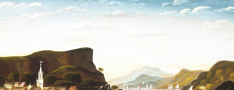 Rendered in broad flat color bands , a signature folk-art compression of atmospheric depth that distinguishes Chambers from his Hudson River School contemporaries