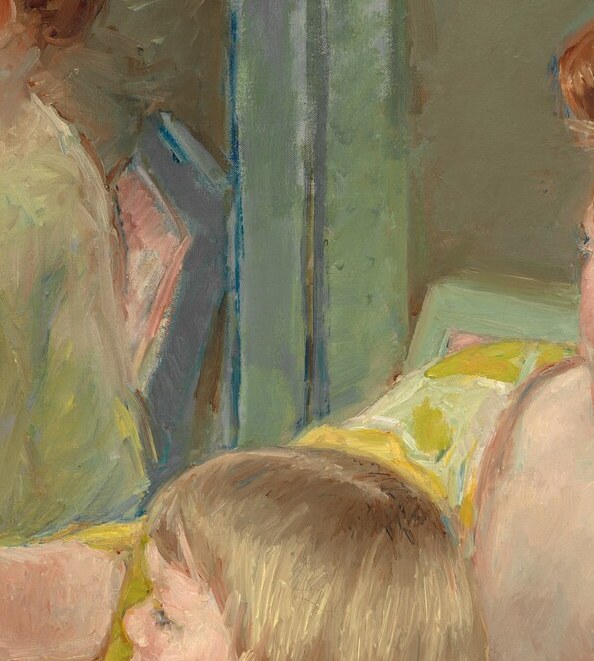 The toddler's wide-eyed outward attention, contrasting with the mother's inward focus on the child, creates a quiet dialogue about discovery vs. care.