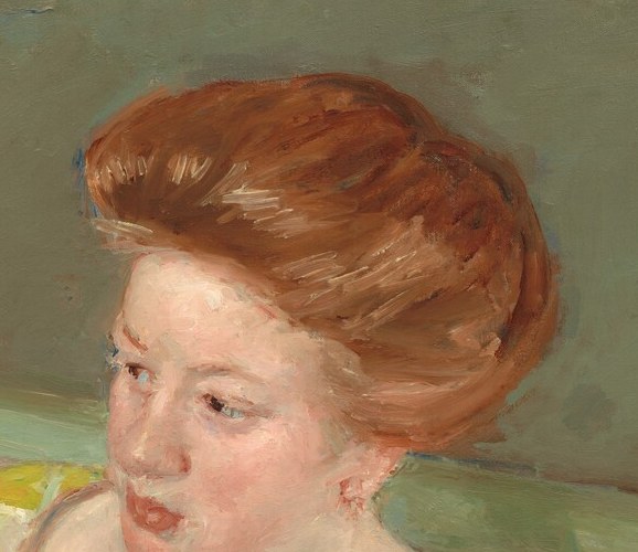 The rich copper-red hair is the painting's warmest accent above the horizon line, contrasting with the cool greens and giving the woman her defining visual identity.
