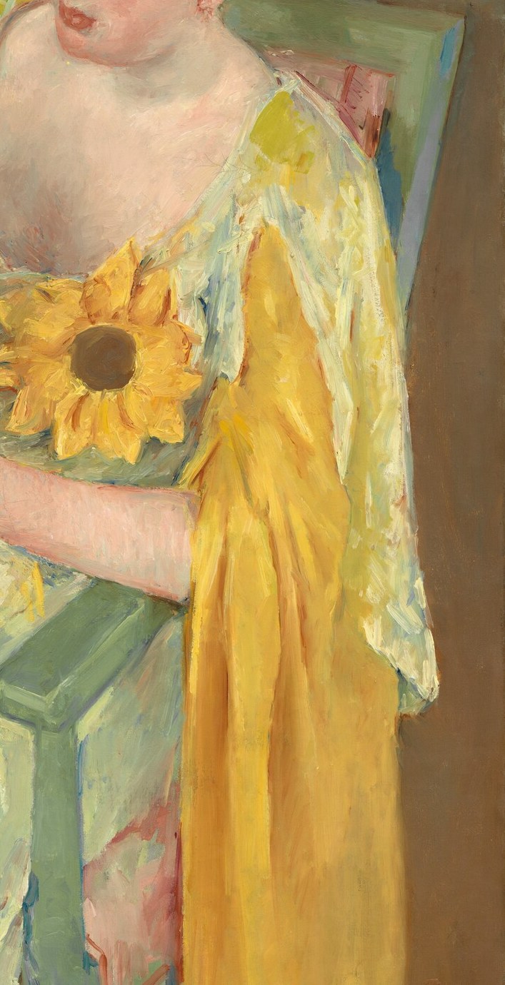 The saturated chartreuse-yellow of the dress bridges the sunflower's yellow and the green background , a deliberate chromatic chord that shows Cassatt's debt to Japanese print flatness.