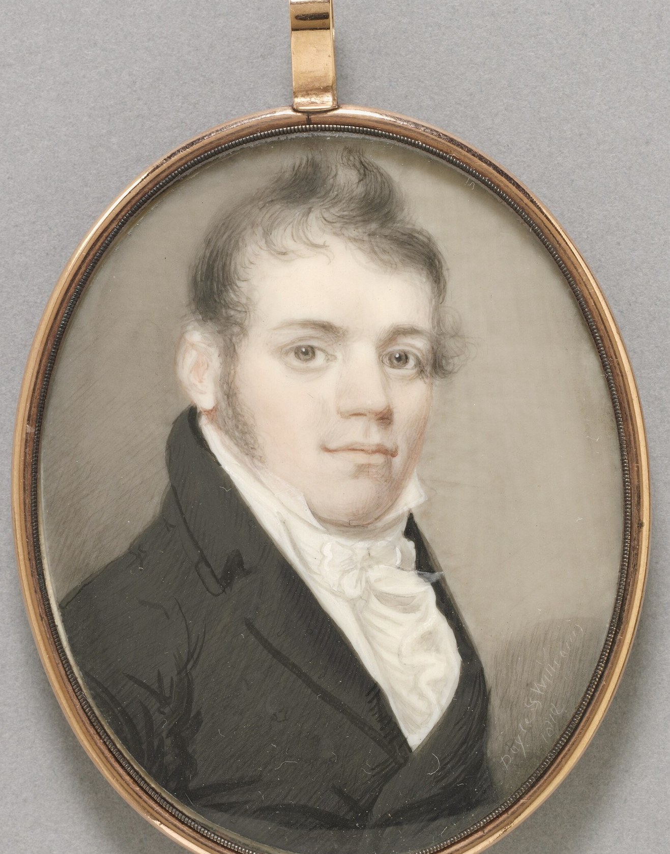 The plain background ensures the sitter is the sole focus, enhancing the portrait's intimacy.