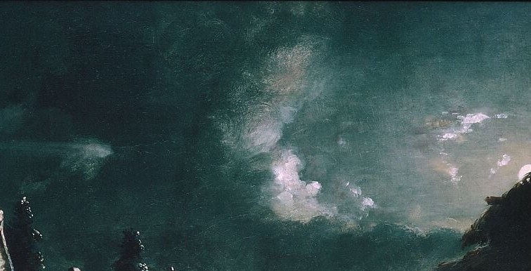 The compositional engine of the painting , a theatrically glowing sky that provides the only significant light source and frames the nocturnal labor below with an almost supernatural grandeur