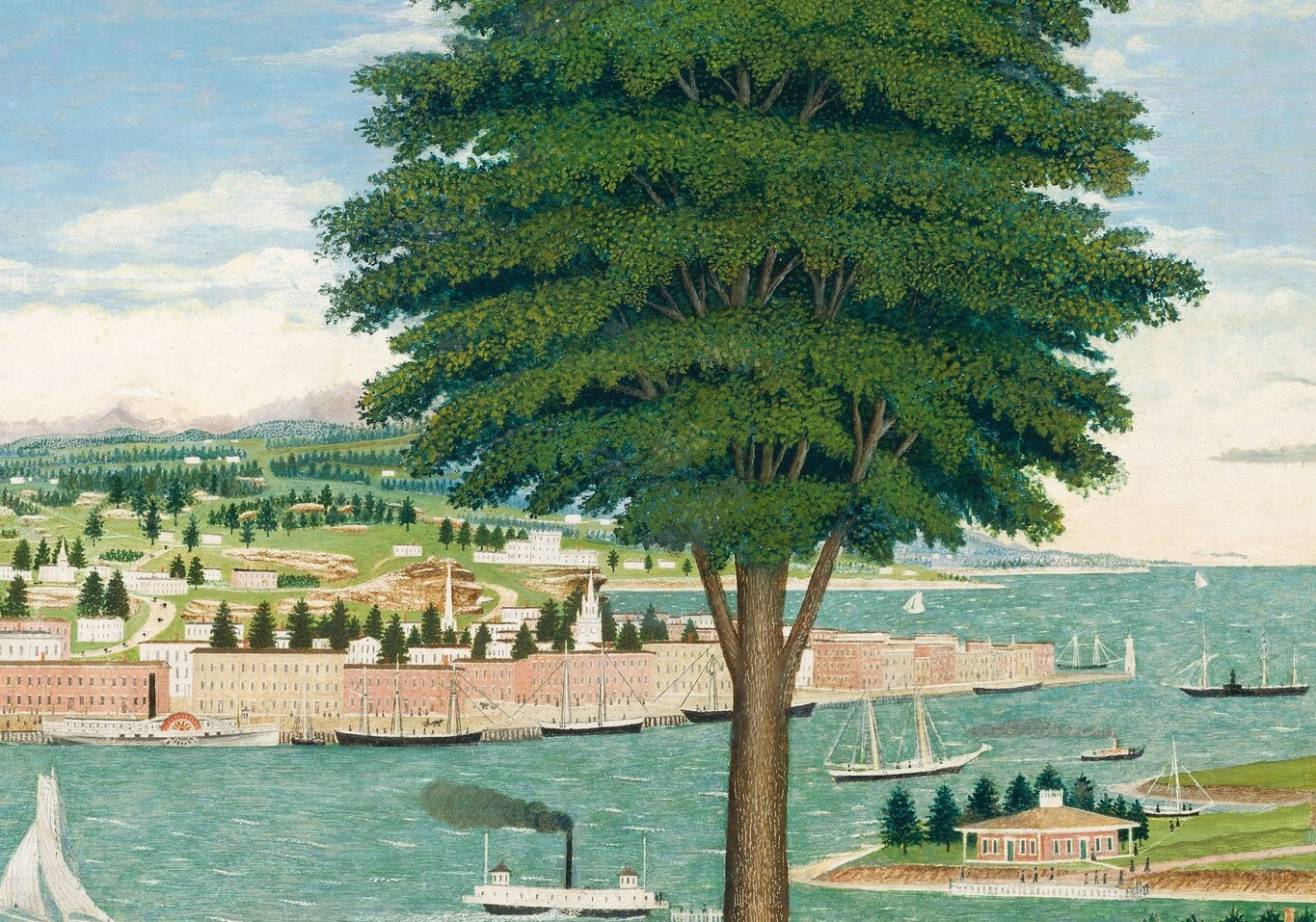 Its dense foliage and central placement anchor the composition, symbolizing nature's presence and perhaps resilience.