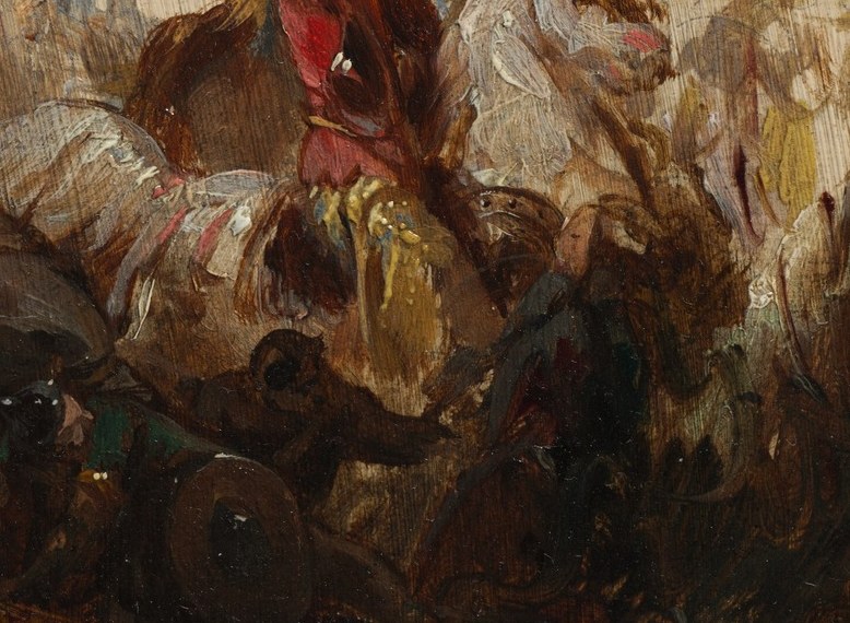 The artist shows cavalry charges and close combat.