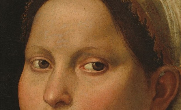 The eyes break the picture plane with quiet authority; the gaze is alert rather than vacant, suggesting an inner life the painter chose not to dramatize.