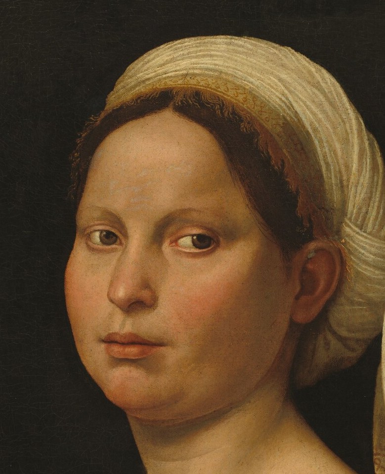 The primary emotional surface of the painting , slight asymmetry and calm, self-possessed expression are characteristic of Bugiardini's sitter psychology.