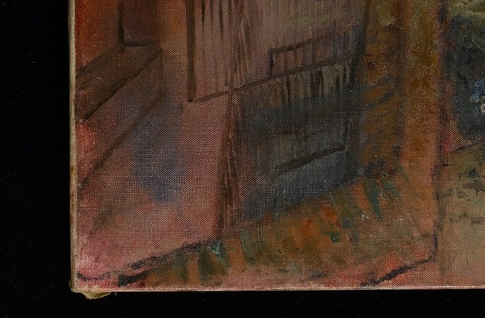 The rough, impasto application of paint here creates a tactile quality, grounding the viewer in the immediate foreground.