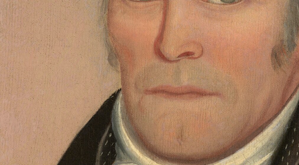 The mouth is tightly set without being severe , the emotional key of the portrait; it projects self-restraint, the defining virtue of early American masculine identity.