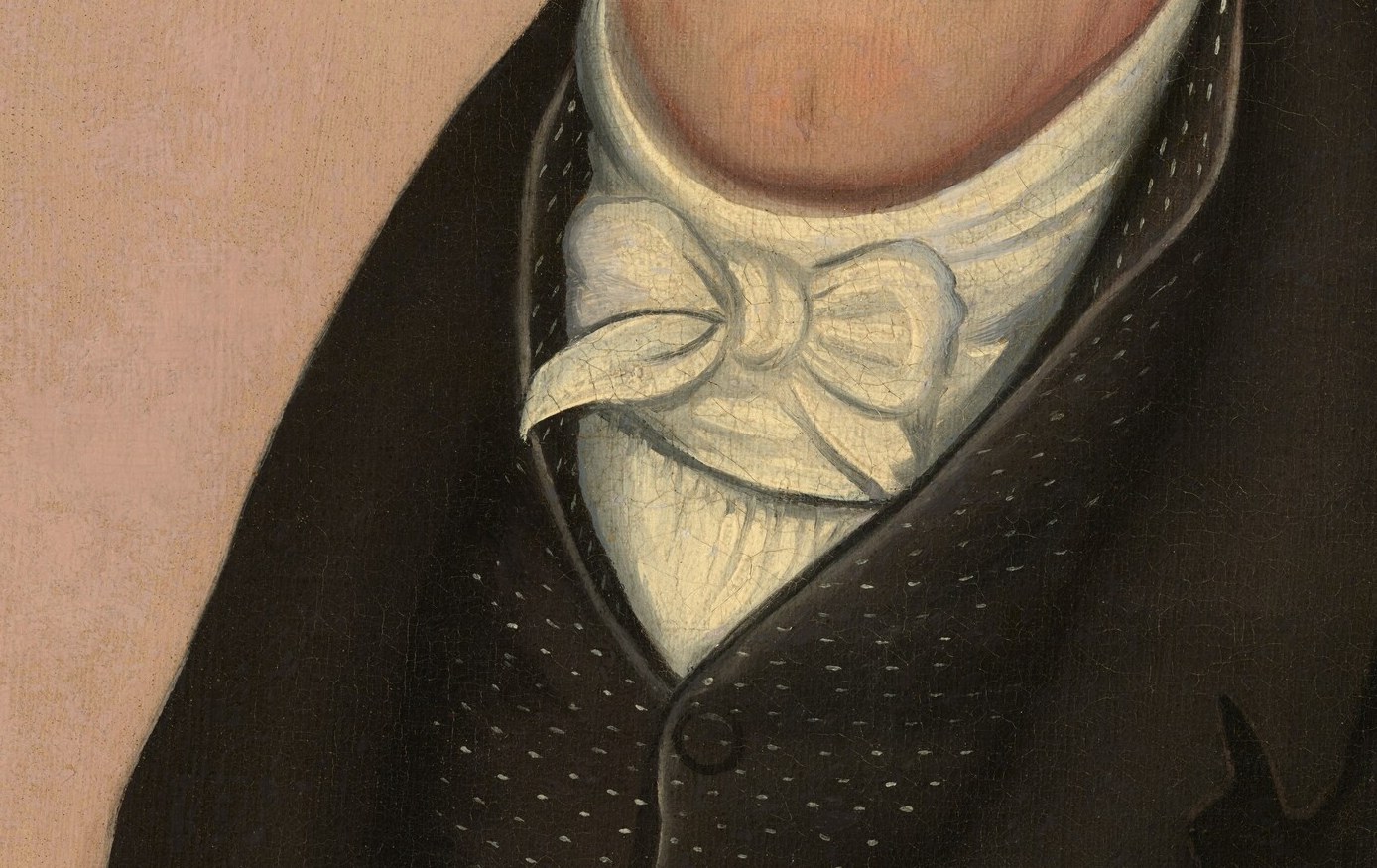 The brightest passage in the painting; its billowing white silk signals gentlemanly rank and acts as a compositional anchor pulling the eye from face to chest.