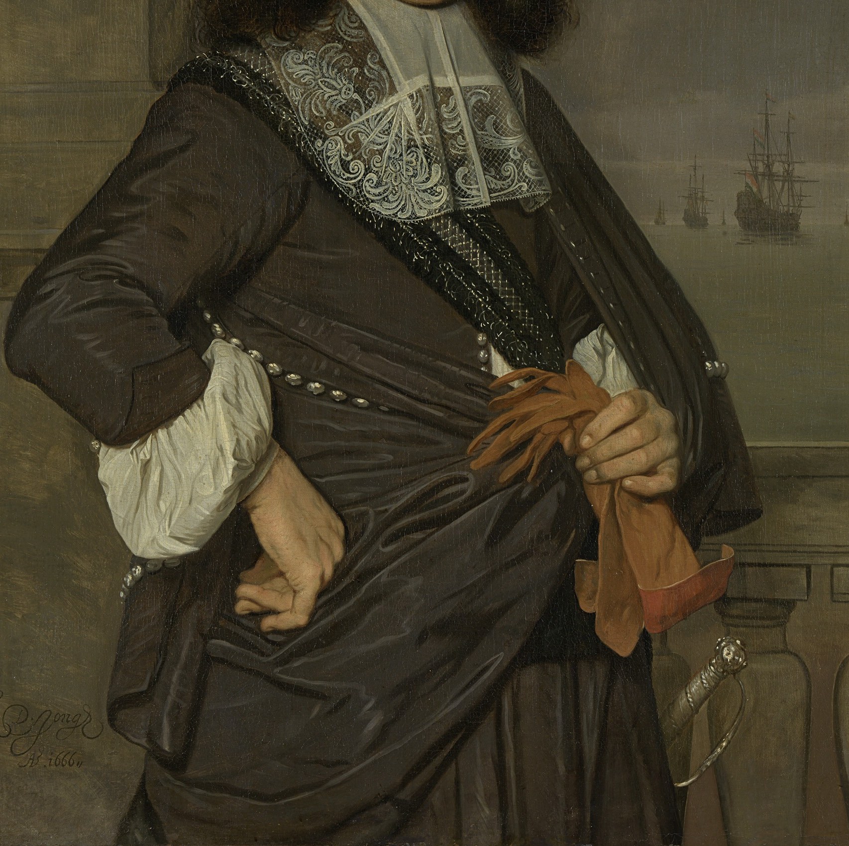 The light-swallowing black pigment shows De Jongh's mastery of warm darks , achieved with ivory black and earth browns , that characterize his Rotterdam workshop output.