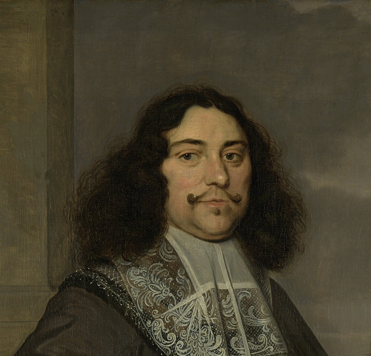 The voluminous dark locks date the portrait precisely to the 1660s fashion and frame the face like a natural border , a dating tool and a style statement simultaneously.
