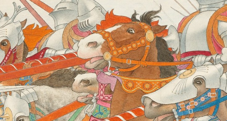 The elaborate decoration on the horse's mane and tack suggests ceremonial or important status.