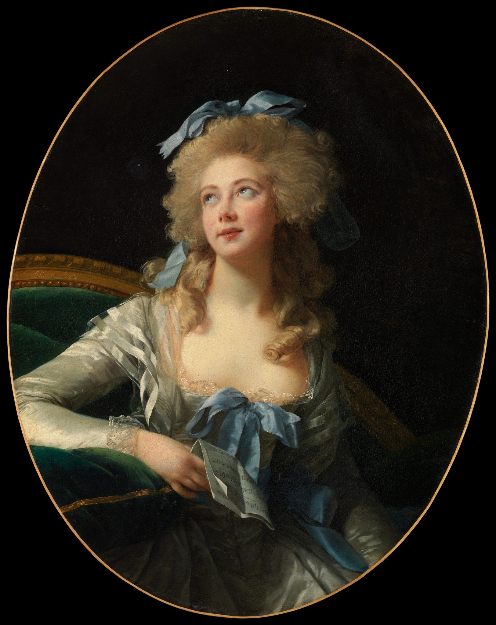 The oval format was fashionable and flattering in 1780s portraiture; the painted edge is part of the composition, not a physical frame , a subtle trick of the picture's own design.
