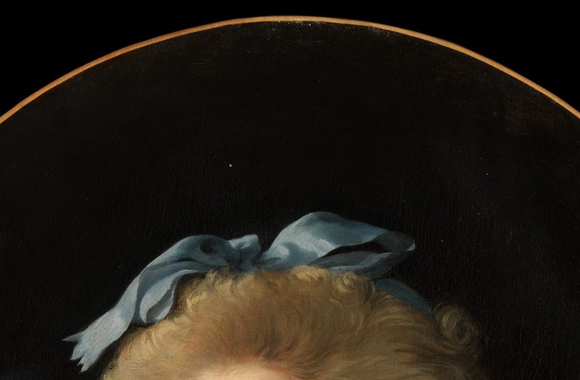The pale powder, loose curls, and sky-blue bow are hallmarks of 1783 Parisian fashion; the softness of the hair shows Vigée Le Brun's signature feathery brushwork.