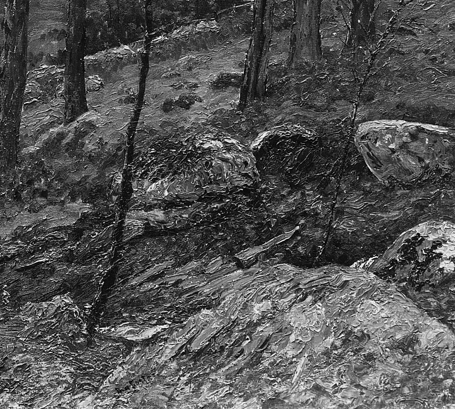 He carves depth with paint that pulls the eye in steps: dark rock, brighter rock, then hazy sky.