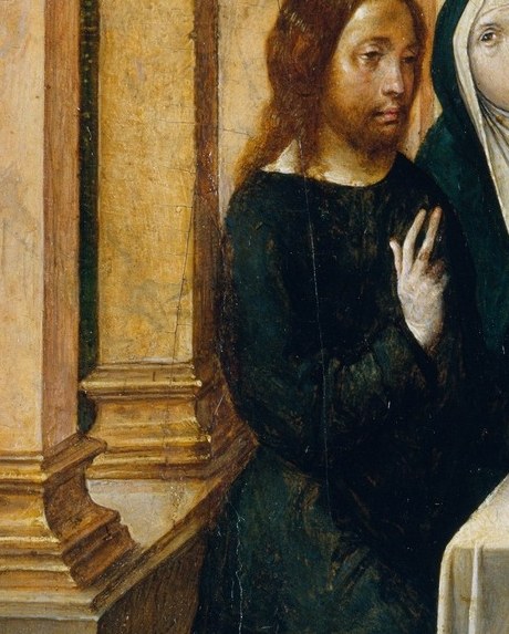 The precise, devotional gesture signals the miracle moment , water is about to become wine , and anchors the scene's theological pivot.