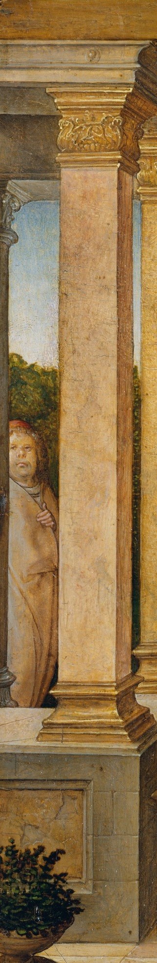 The colonnade performs the Flemish Early Renaissance vocabulary of Italianate architecture; its verticality frames and elevates the sacred figures like a painted altarpiece niche.