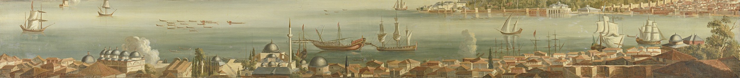 The detailed architecture in the foreground, with its characteristic domes, establishes the Ottoman setting and hints at the urban density.