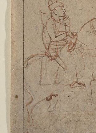 The crouching figure tends the horse. His posture is service, not command.
