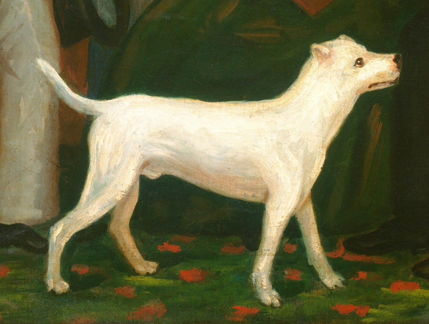 Its alert posture and attentive gaze towards the family create a sense of loyalty and integration into the domestic scene.