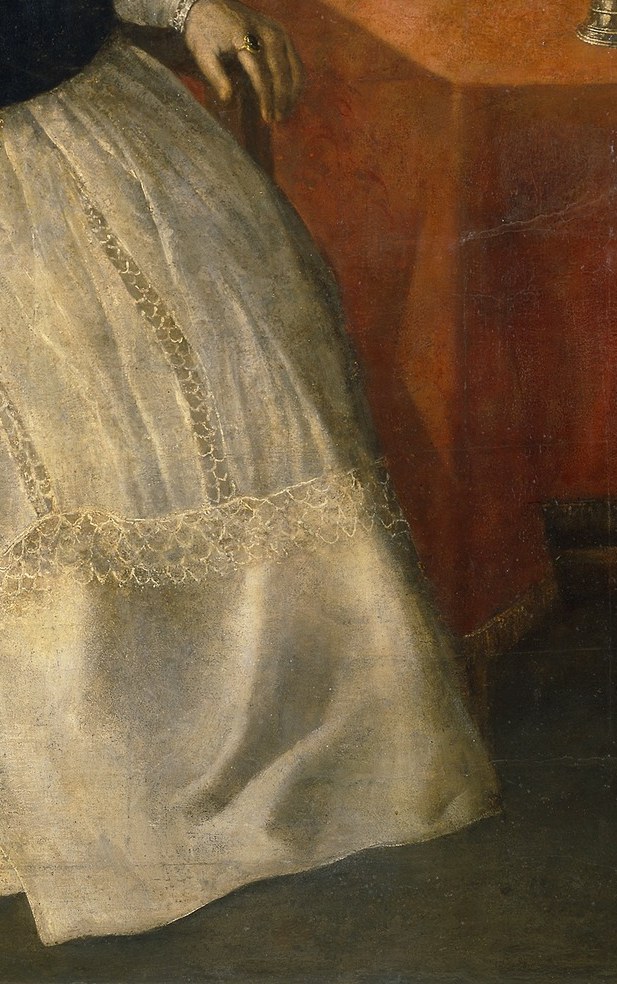 The elaborate white cassock, with its intricate lace trim, is a display of wealth and status, rendered with exquisite detail.