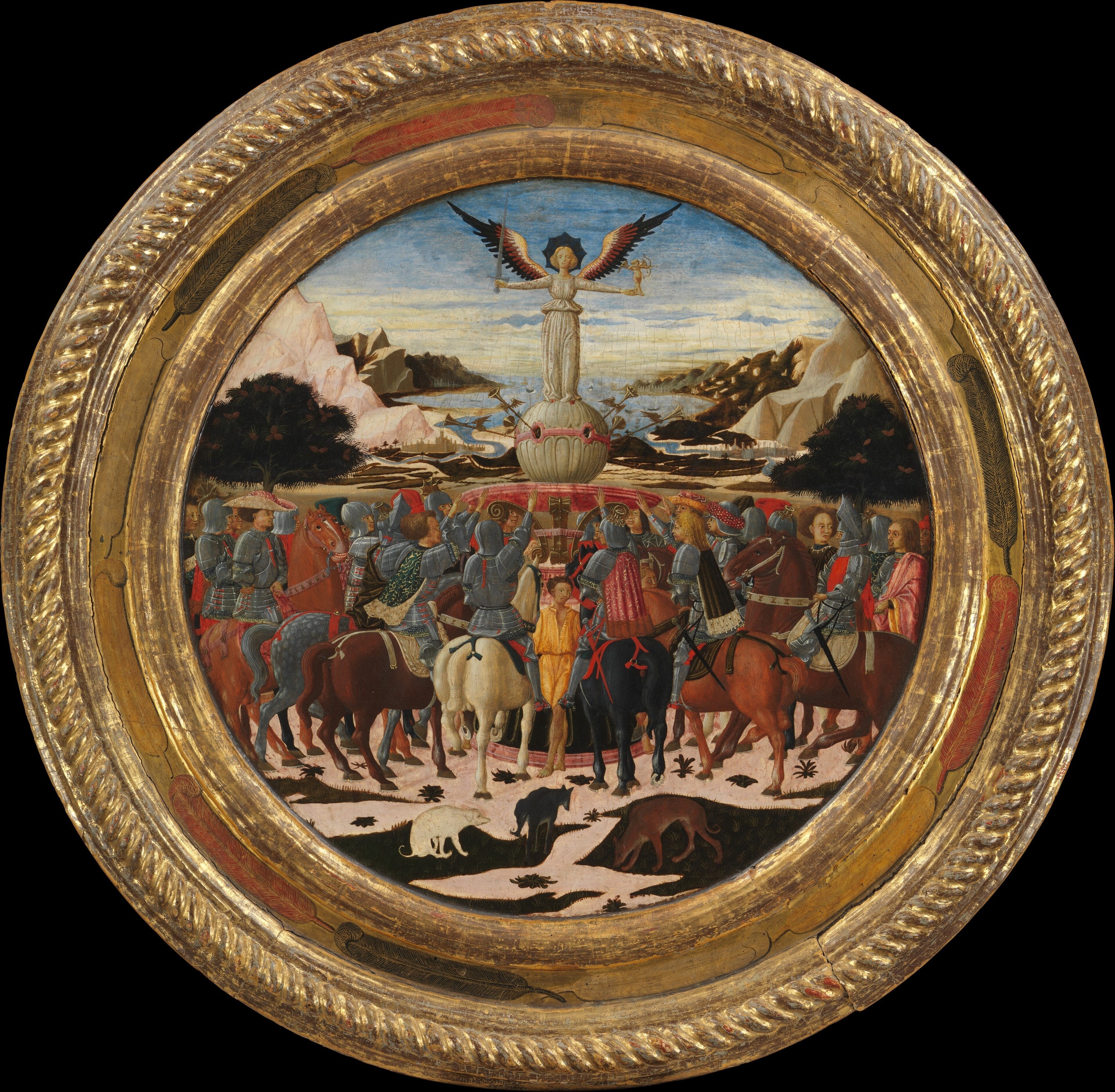 The carved and gilded circular frame is itself an artwork , the rope-twist molding was a deliberate Florentine decorative choice that reinforces the elite domestic context of this cassone panel.