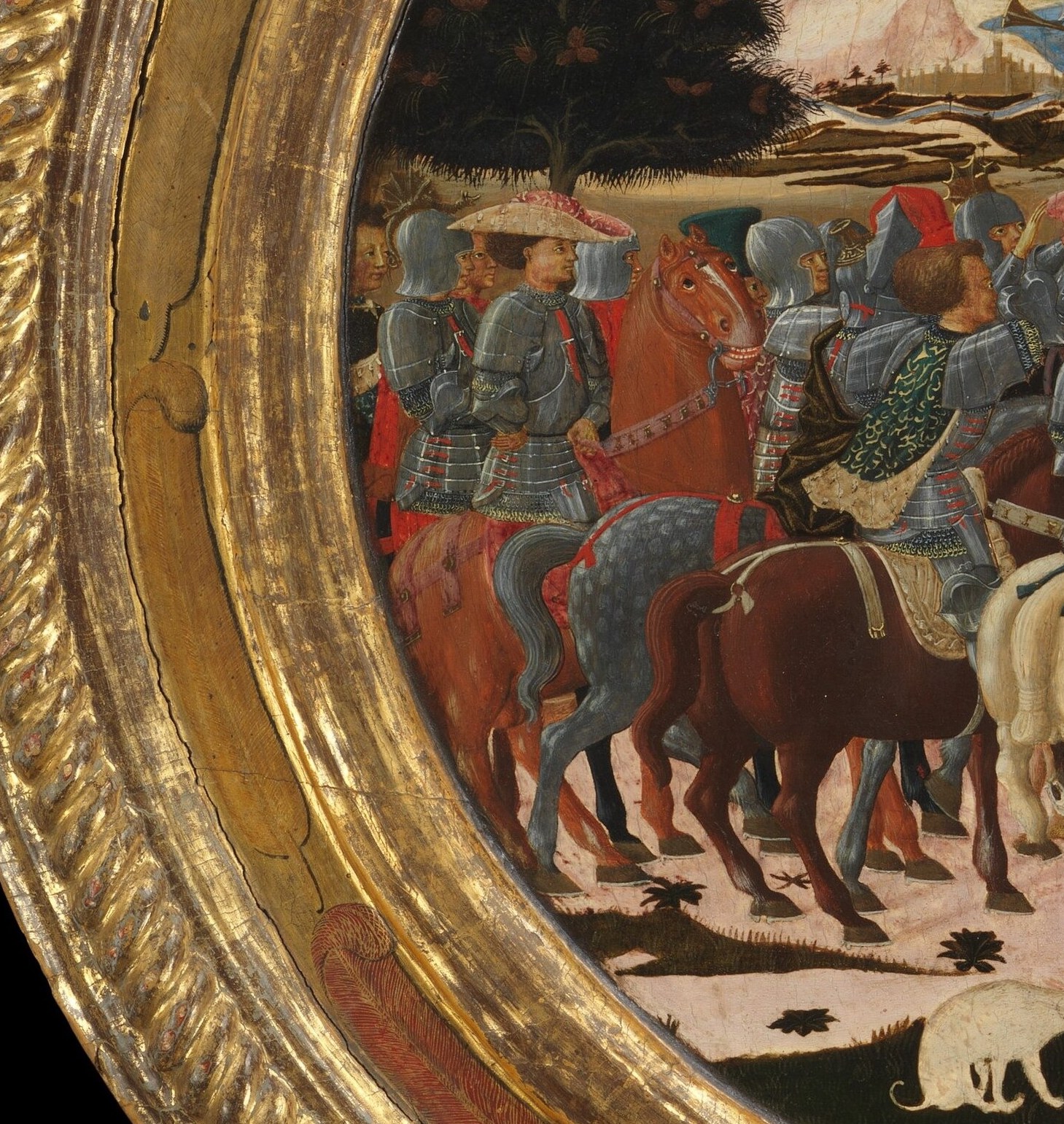 The tight cluster of helmeted figures in steel-grey armor with vivid red cloaks conveys collective martial might; their forward movement propels the triumphal narrative.