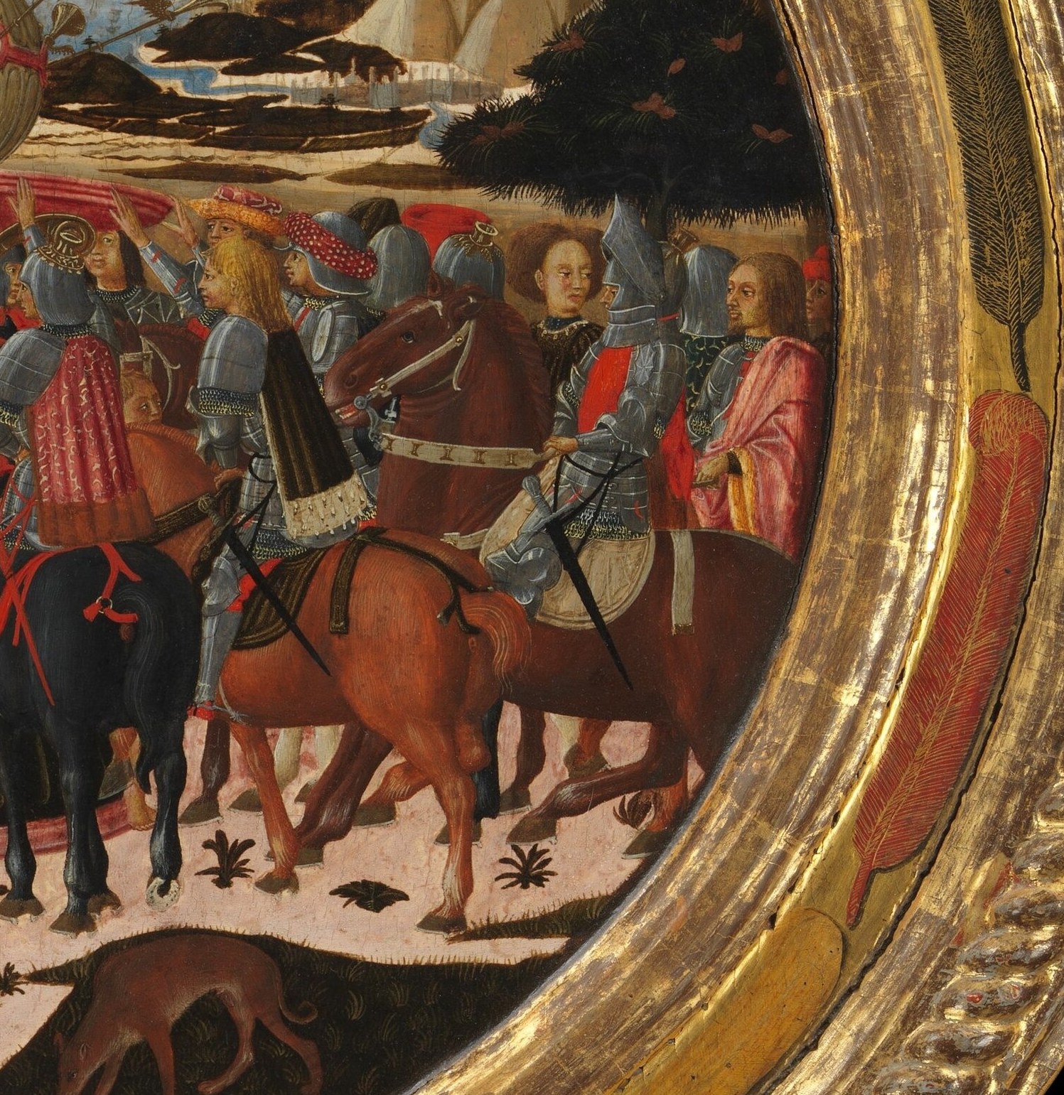 Mirroring the left group, these riders complete the encircling procession; the colorful layering of cloaks over armor gives texture to the ceremonial event.