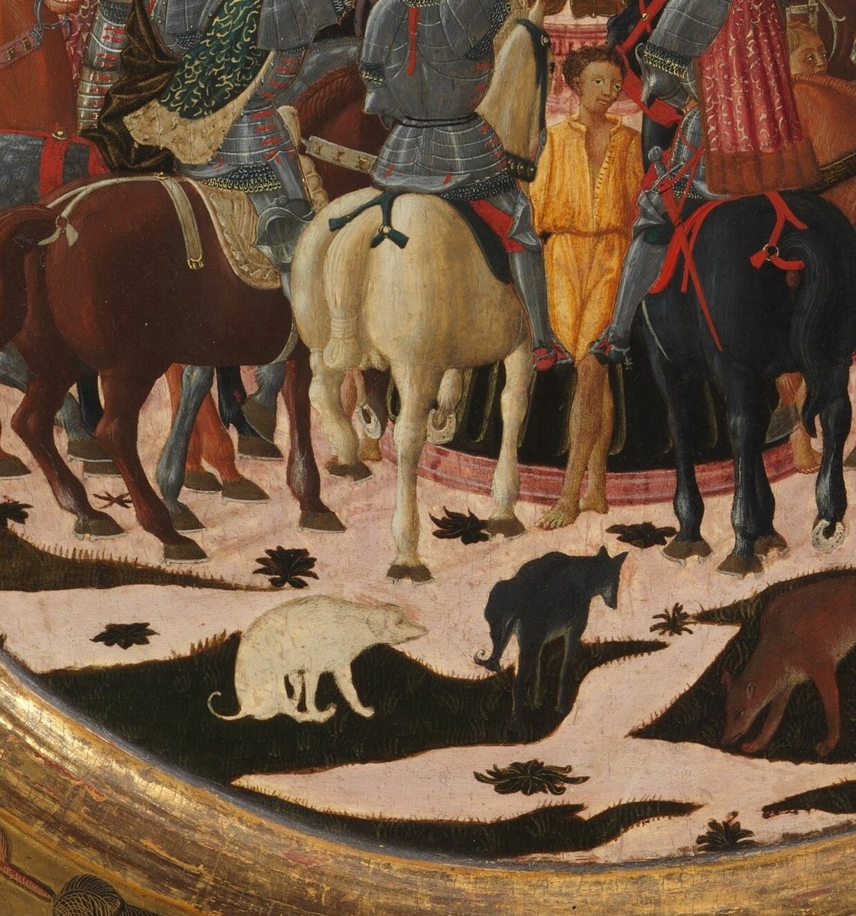 The single white horse stands out dramatically against the darker mounts, drawing the eye to the center of the parade and conferring dignity on its rider.