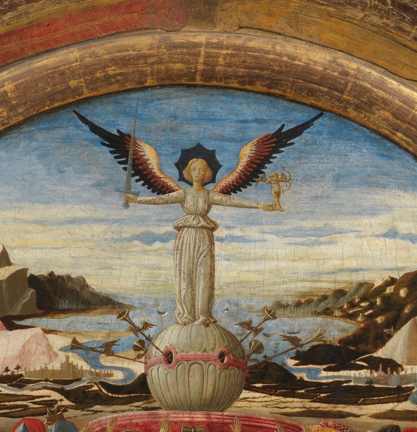 The allegorical heart of the painting , Fame stands with outstretched wings and arms raised, presiding over the mortal procession below; her elevated position and brilliant white robe make her the compositional anchor.