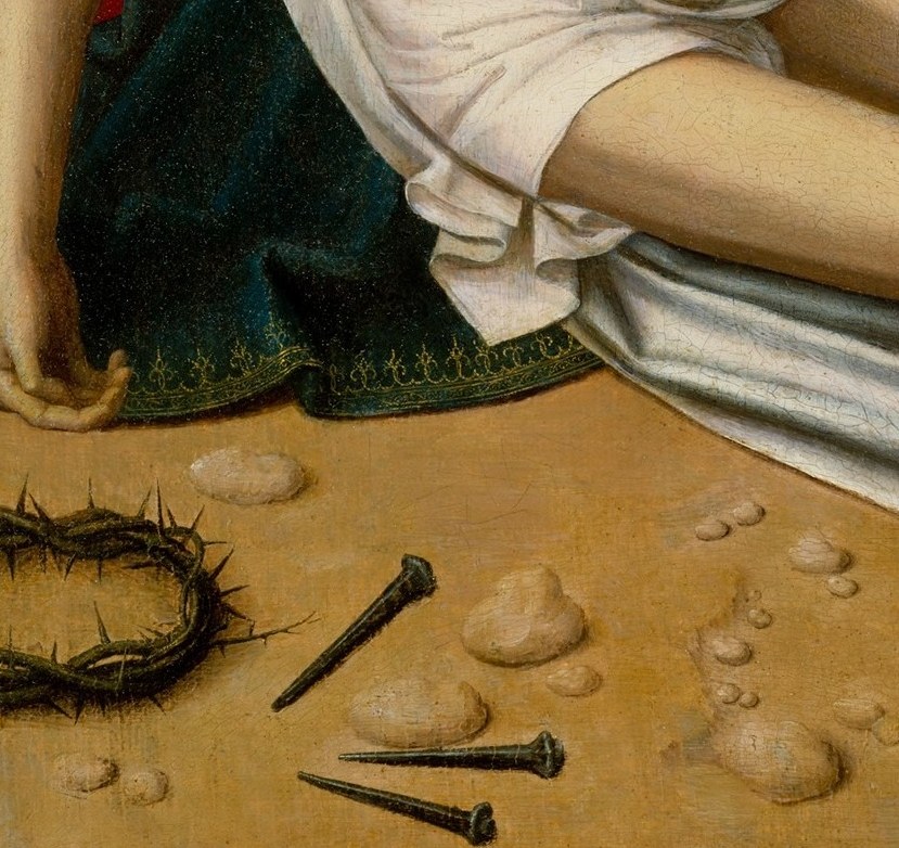 Cast aside on the ground, the crown shifts from instrument of mockery to relic; its placement in the foreground makes it one of the first things the eye drops to.