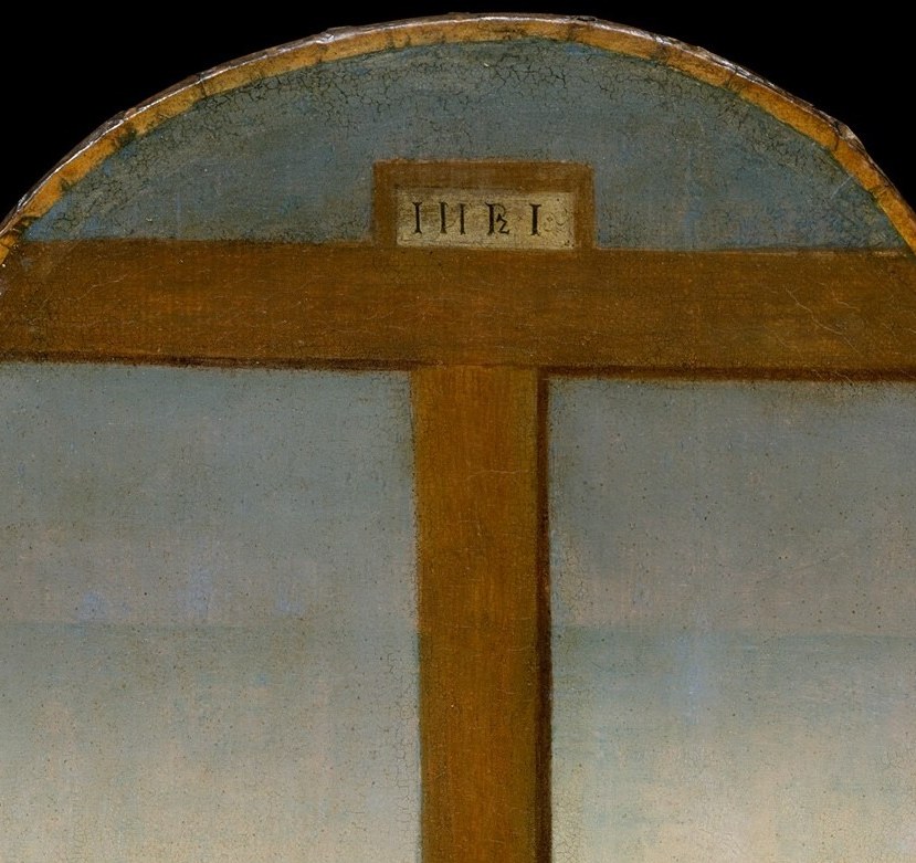 The instrument of death looming directly above the mourning scene anchors the entire theological narrative and gives the composition its vertical axis.