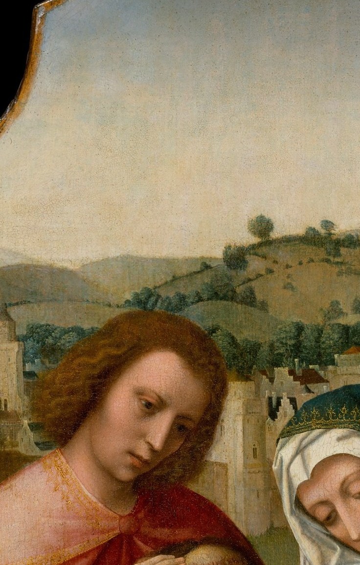 The dark veil frames a face of controlled grief; her gaze directed downward at her son anchors the emotional core of the work.