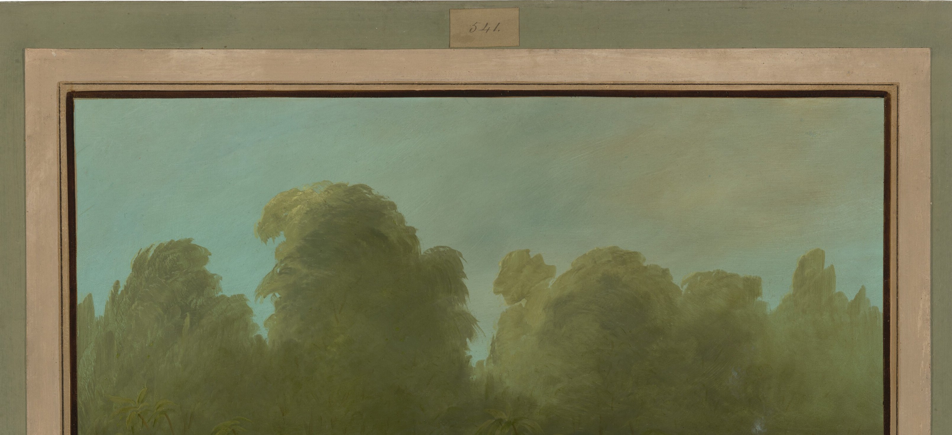 Dominates roughly 55% of the composition; the mass of dark green creates the oppressive enclosure typical of Amazonian scenes and anchors the ethnographic mood.