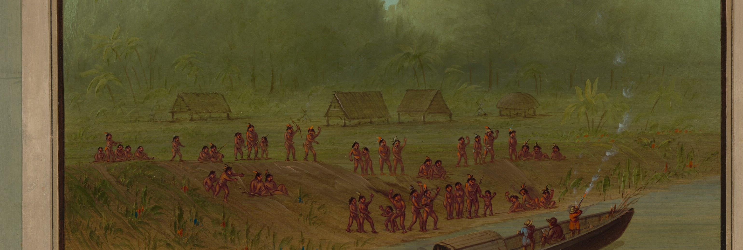 The only breathing space in an otherwise wall-to-wall canopy; its reddish-ochre earth against dark forest reads as a deliberate human imposition on wilderness.