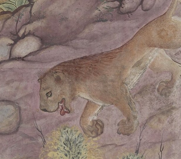 A watchful lion observes them from above.