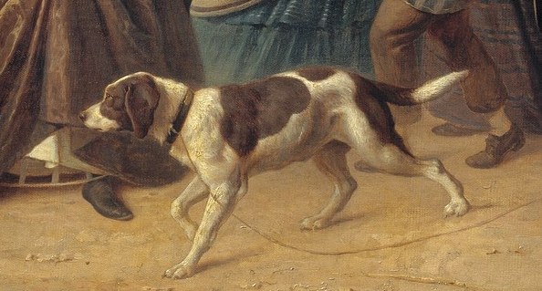 The dog's active pose and presence suggest domesticity and add a touch of life and movement to the scene.